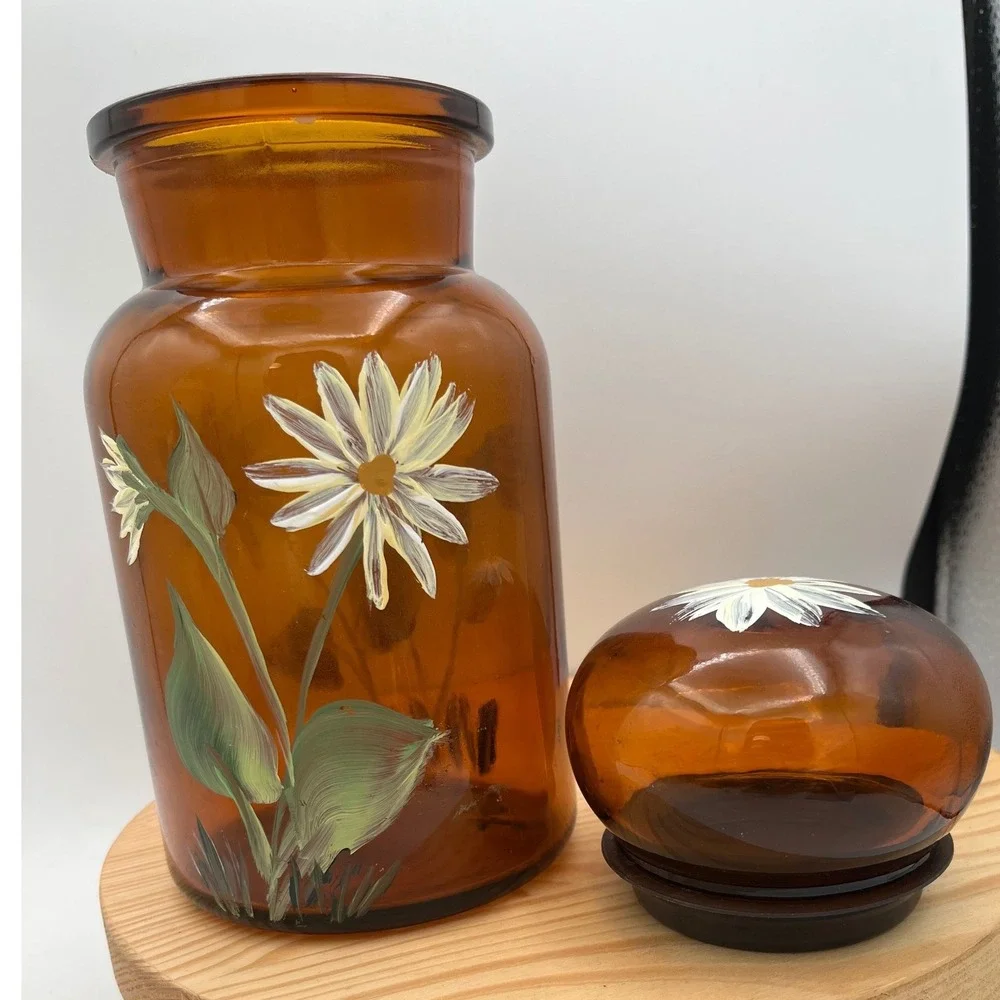 Vtg Belgian Amber Glass Jar Bubble Lid Hand Painted Daisy Storage Mid Century